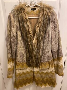 Dolce Cabo Faux Fur Trim Knit Cardigan Sweater Womens Size L Excellent Condition
